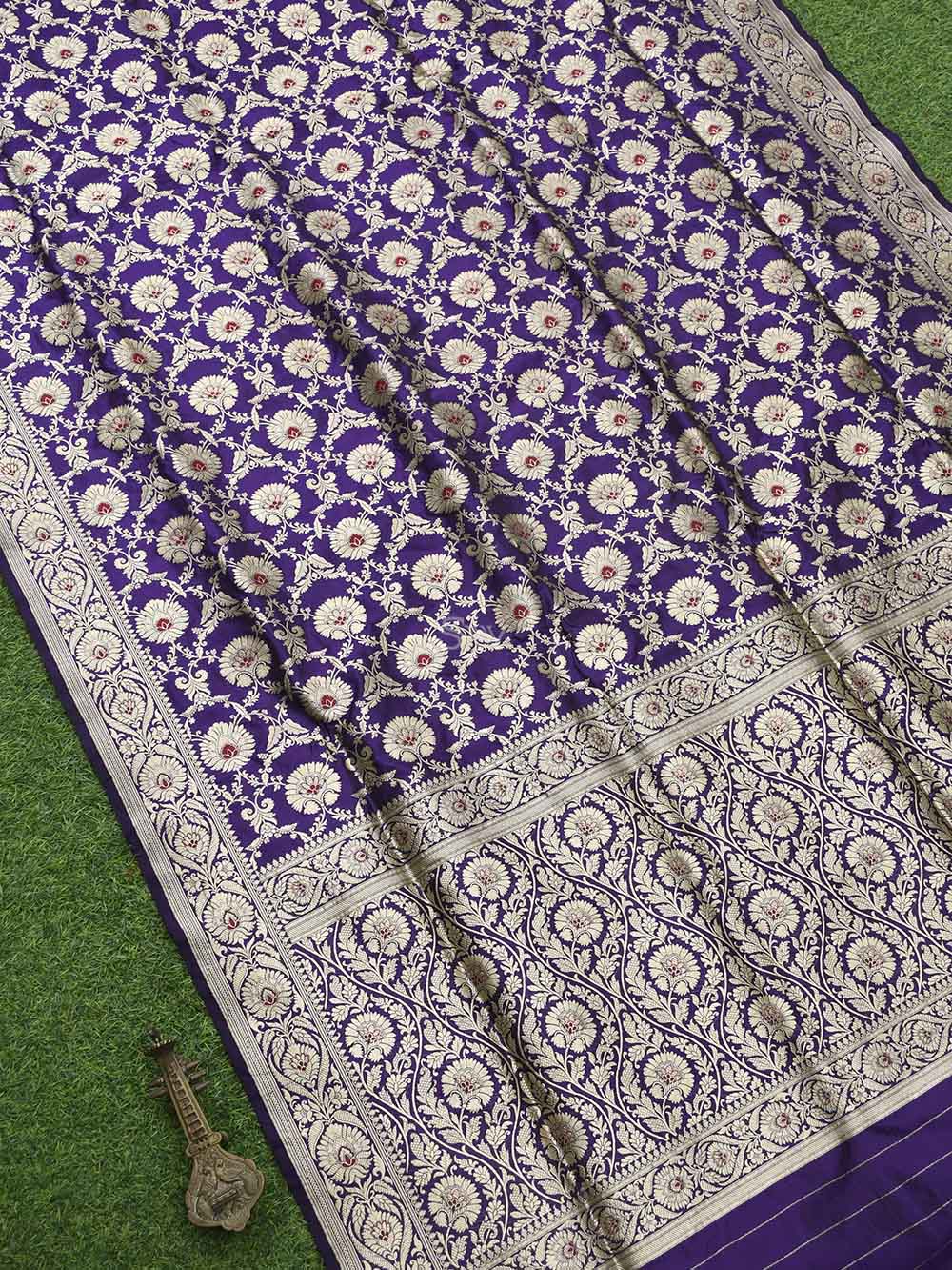 Dark Purple Meenakari Uppada Katan Silk Handloom Banarasi Saree - Sacred Weaves 