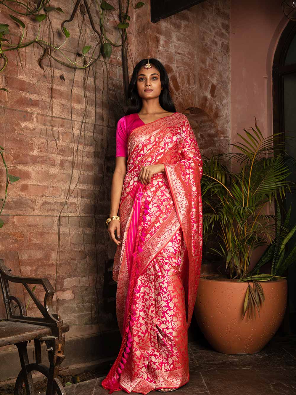 Pink Orange Shikargah Katan Silk Handloom Banarasi Saree - Sacred Weaves