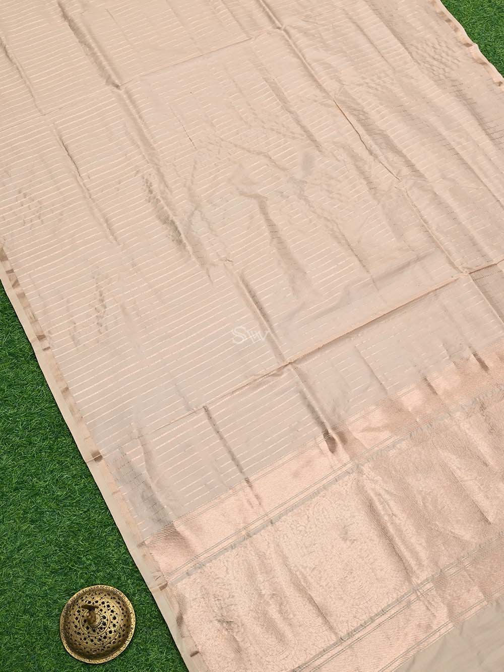 Pastel Peach Stripe Katan Silk Handloom Banarasi Saree - Sacred Weaves