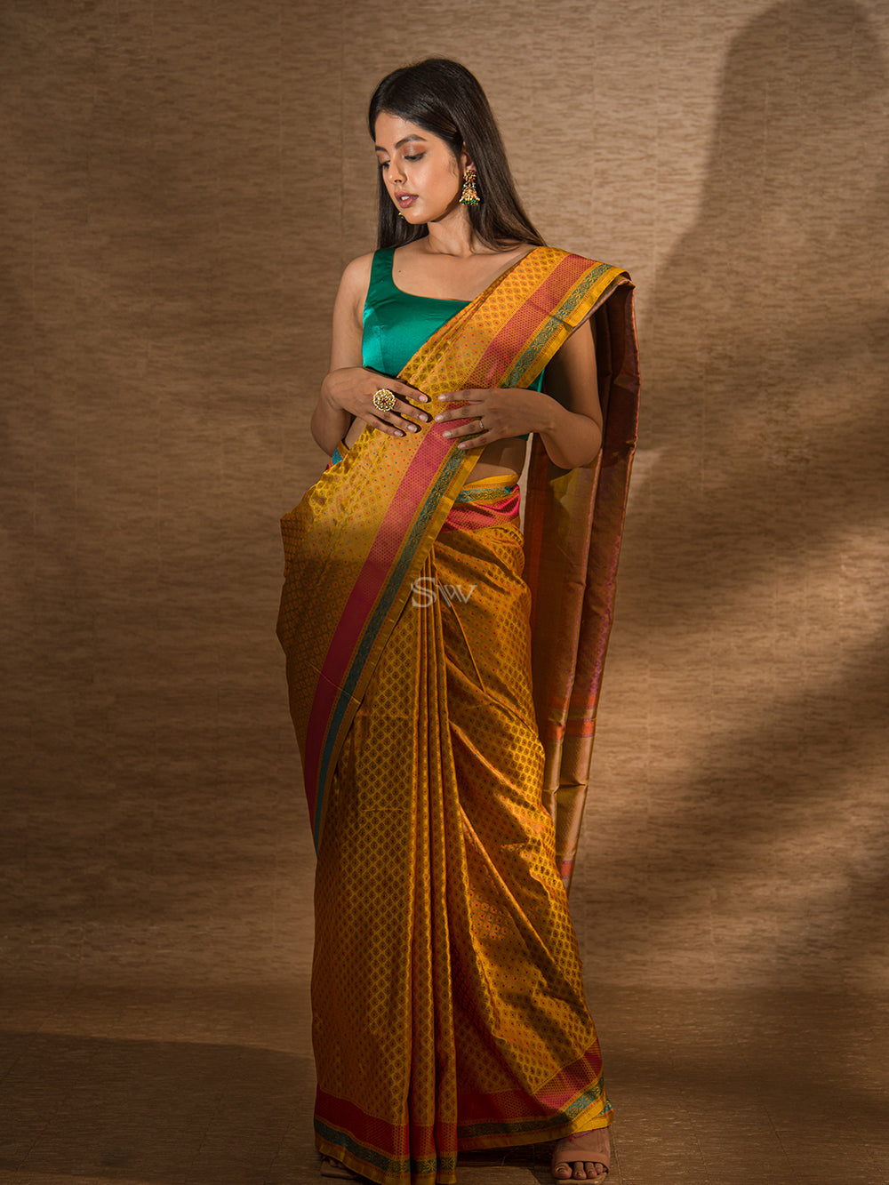 Mustard Tanchoi Silk Handloom Banarasi Saree - Sacred Weaves