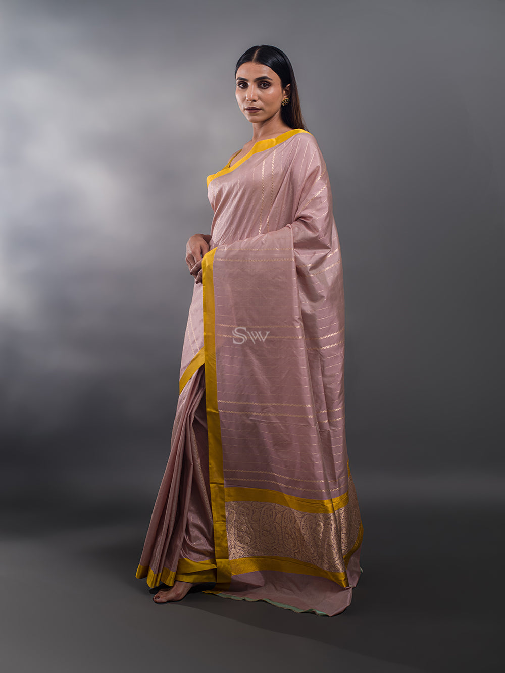 Dusty Mauve Stripe Katan Silk Handloom Banarasi Saree - Sacred Weaves