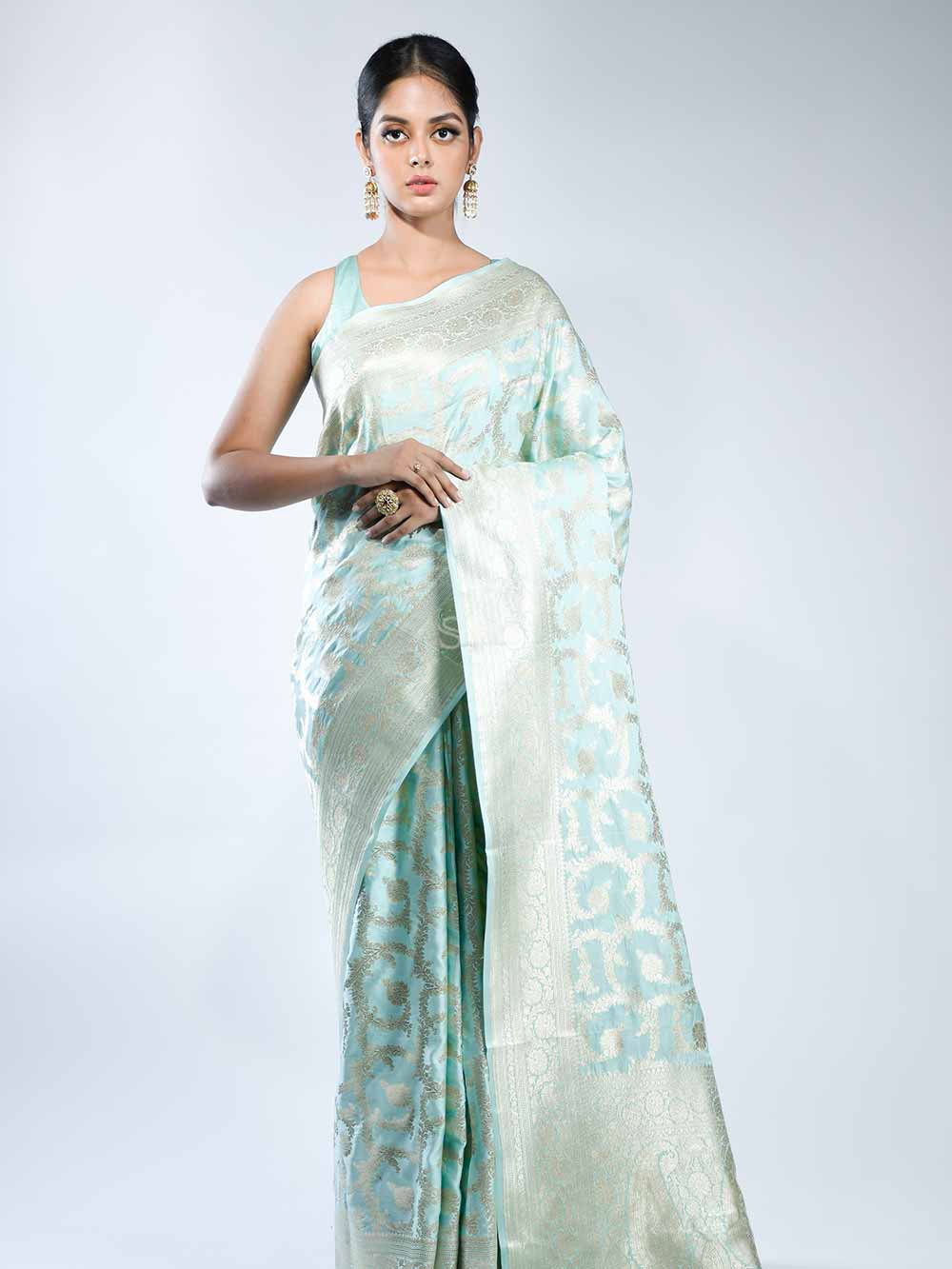 Sea Green Jaal Mashru Satin Silk Handloom Banarasi Saree - Sacred Weaves