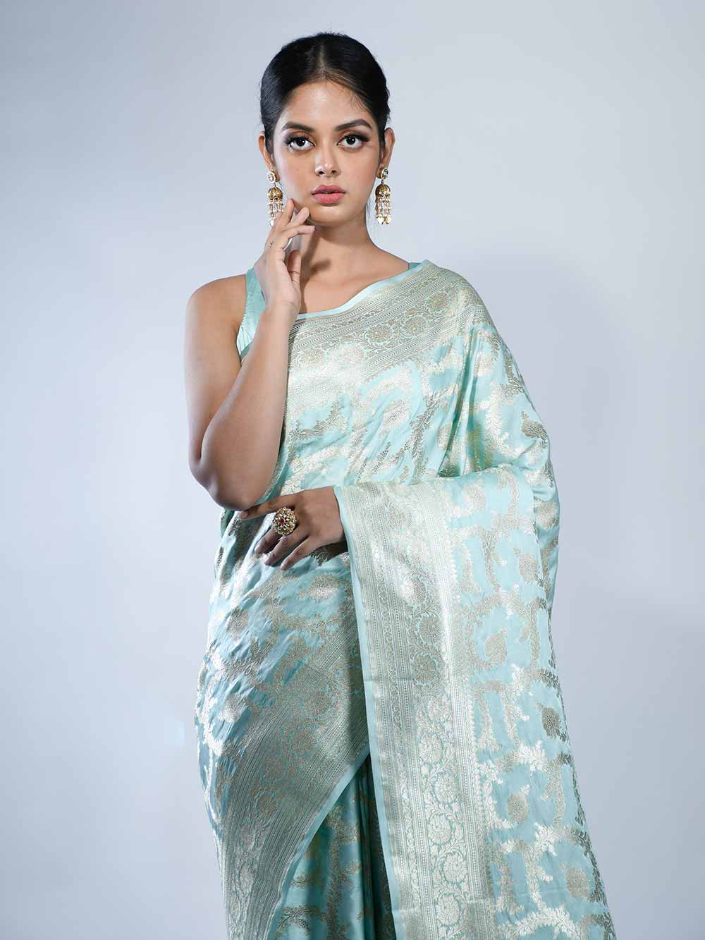 Sea Green Jaal Mashru Satin Silk Handloom Banarasi Saree - Sacred Weaves