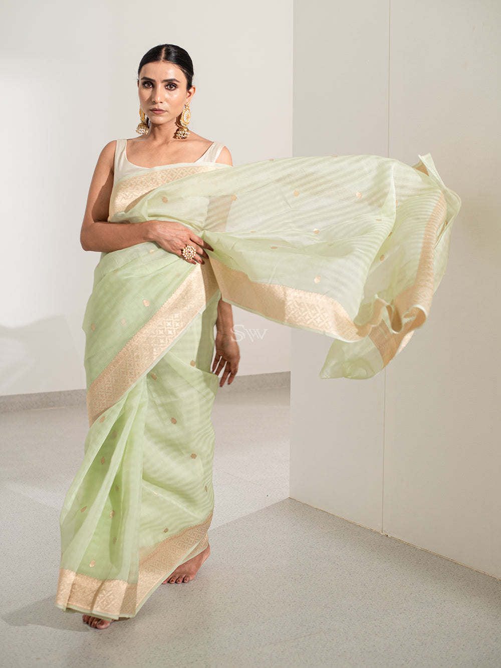 Pastel Pista Green Booti Organza Handloom Banarasi Saree - Sacred Weaves