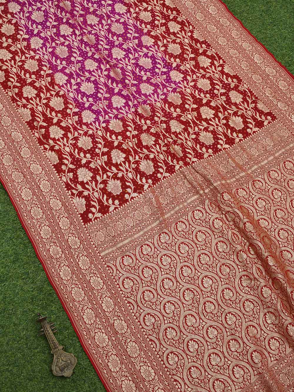 Red Pink Bandhani Khaddi Georgette Handloom Banarasi Saree - Sacred Weaves