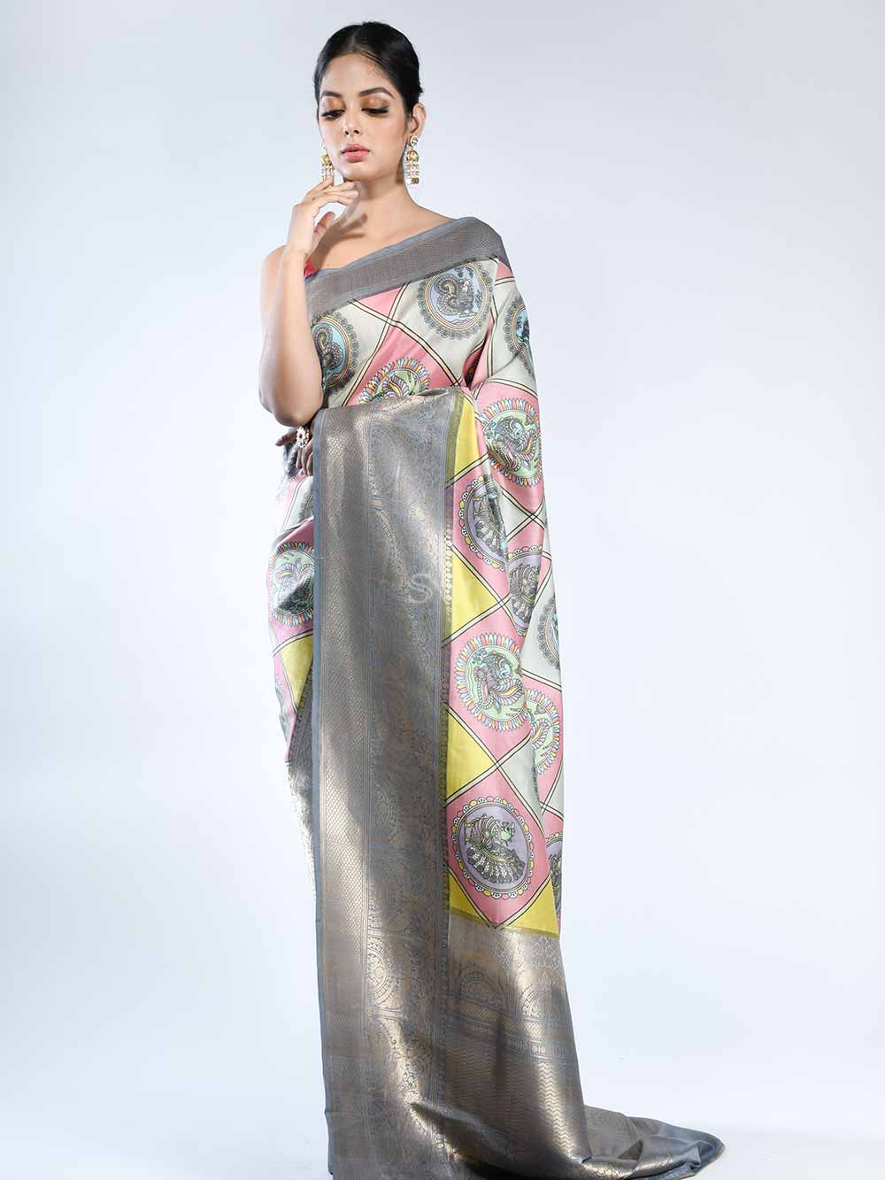 Multicolor Katan Silk Printed Banarasi Saree - Sacred Weaves