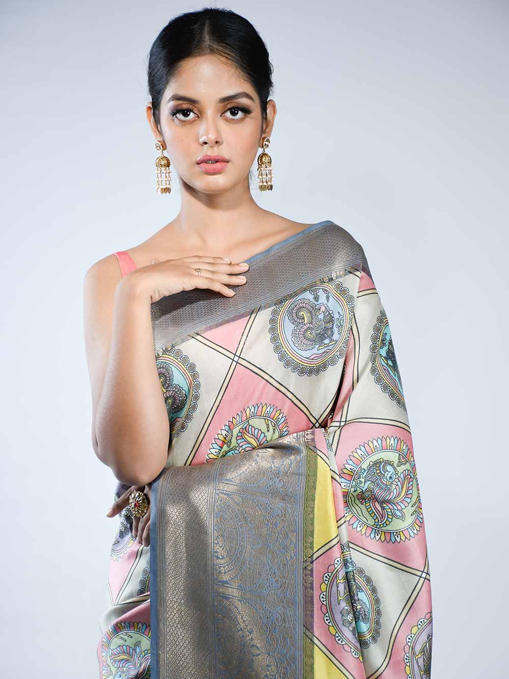 Multicolor Katan Silk Printed Banarasi Saree - Sacred Weaves