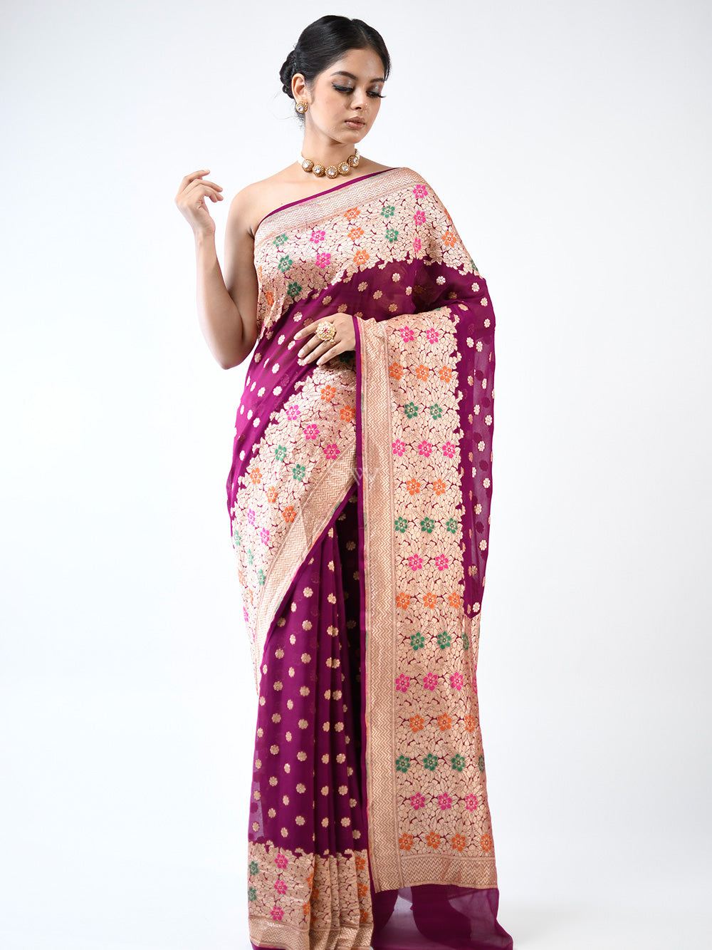 Dark Magenta Booti Khaddi Georgette Handloom Banarasi Saree - Sacred Weaves