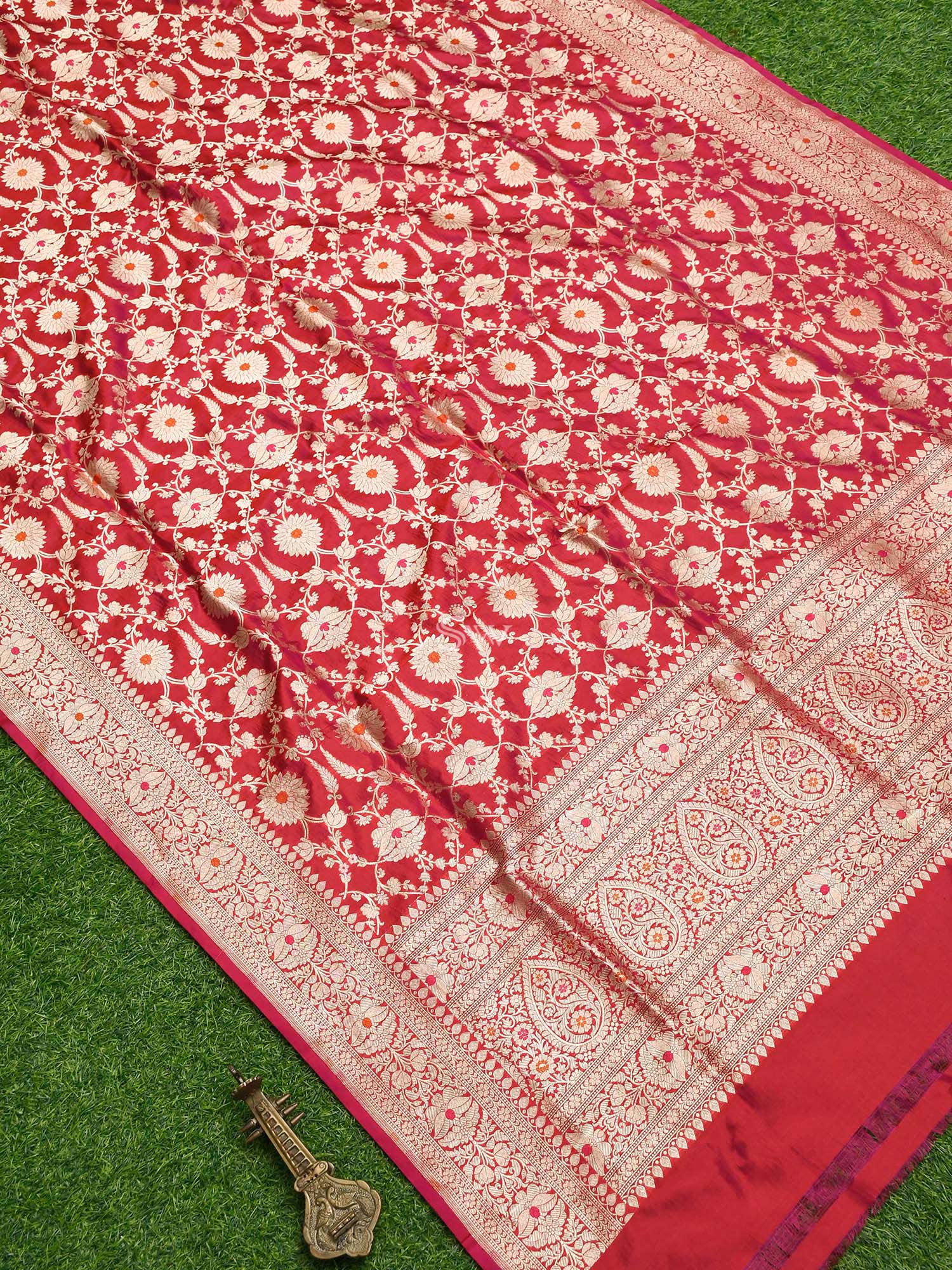 Pink Red Jaal Katan Silk Handloom Banarasi Dupatta - Sacred Weaves