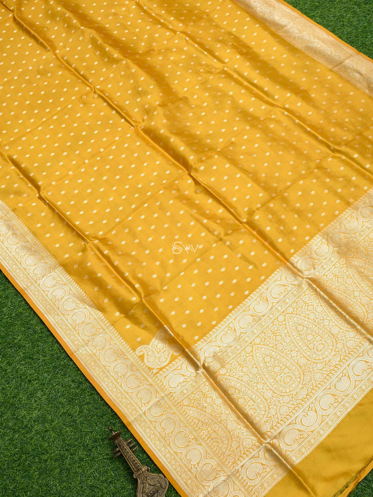 Yellow Booti Katan Silk Handloom Banarasi Dupatta - Sacred Weaves