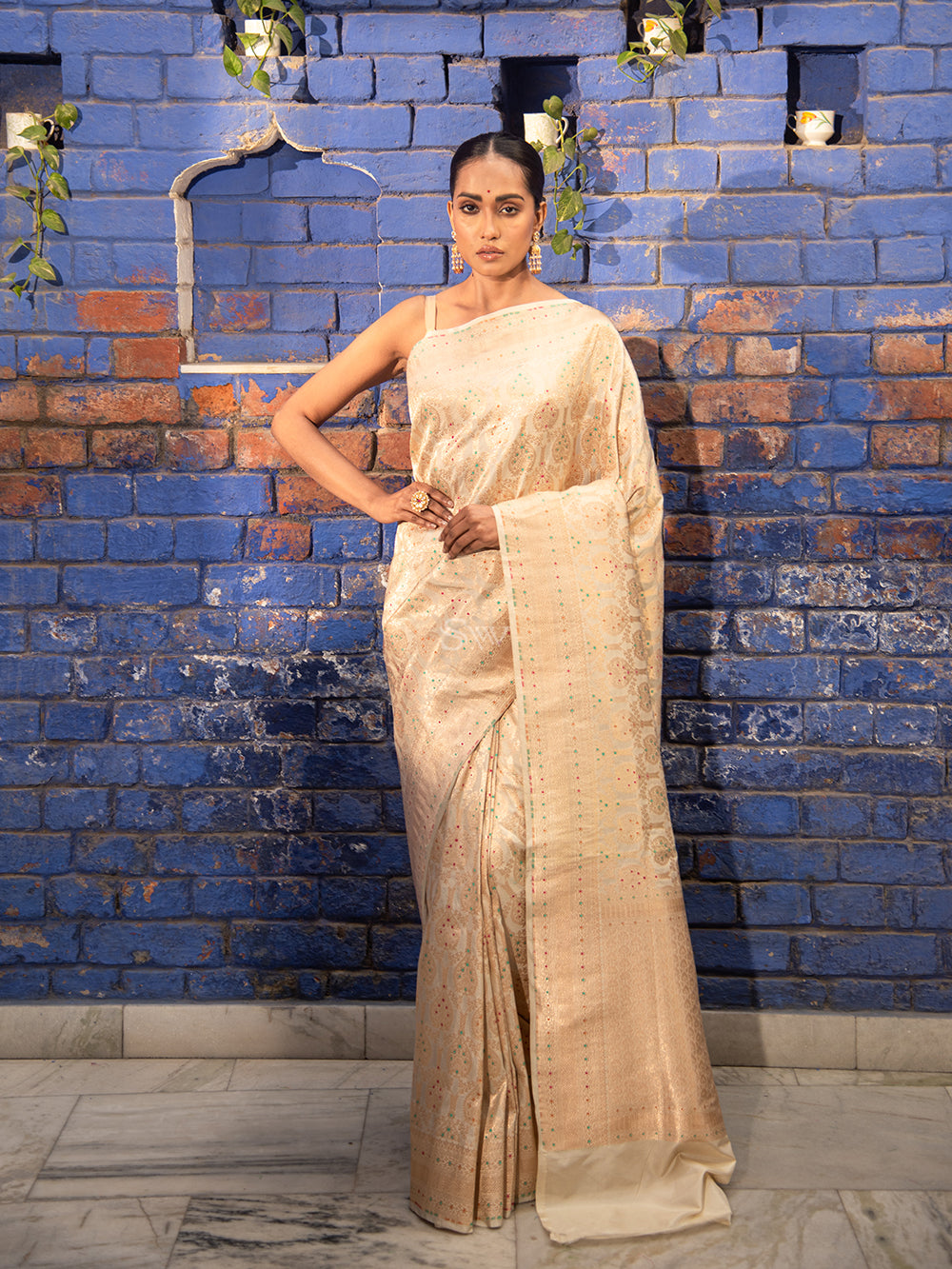 Pre-Order: Beige Pure Kora Silk Net Banarasi Handloom Saree - Tilfi