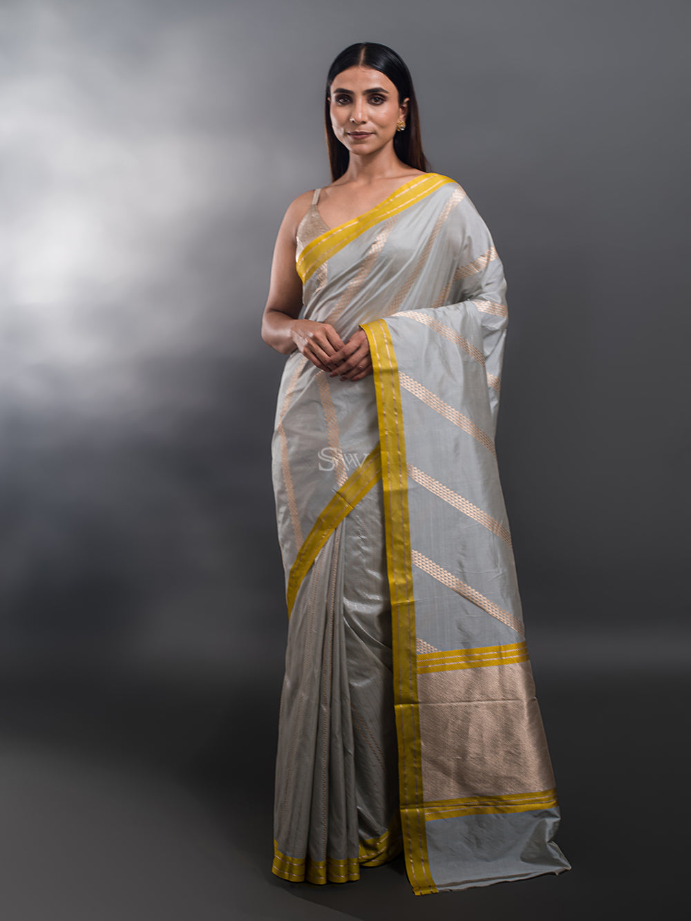 Light Grey Stripe Katan Silk Handloom Banarasi Saree - Sacred Weaves