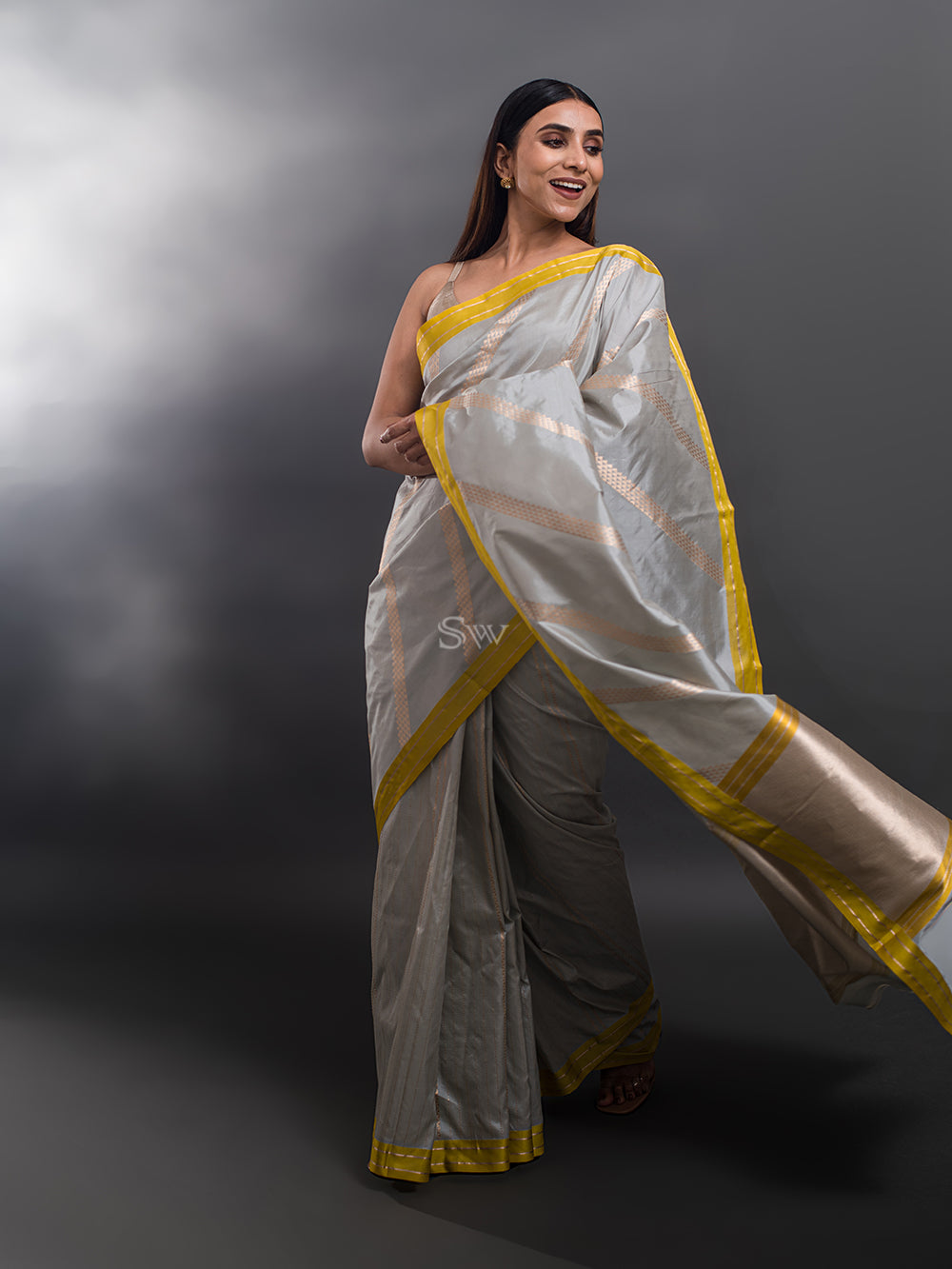 Light Grey Stripe Katan Silk Handloom Banarasi Saree - Sacred Weaves