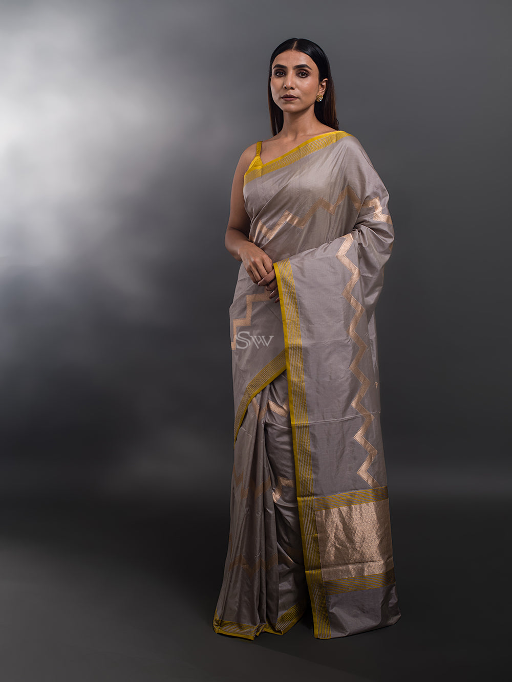 Grey Stripe Katan Silk Handloom Banarasi Saree - Sacred Weaves